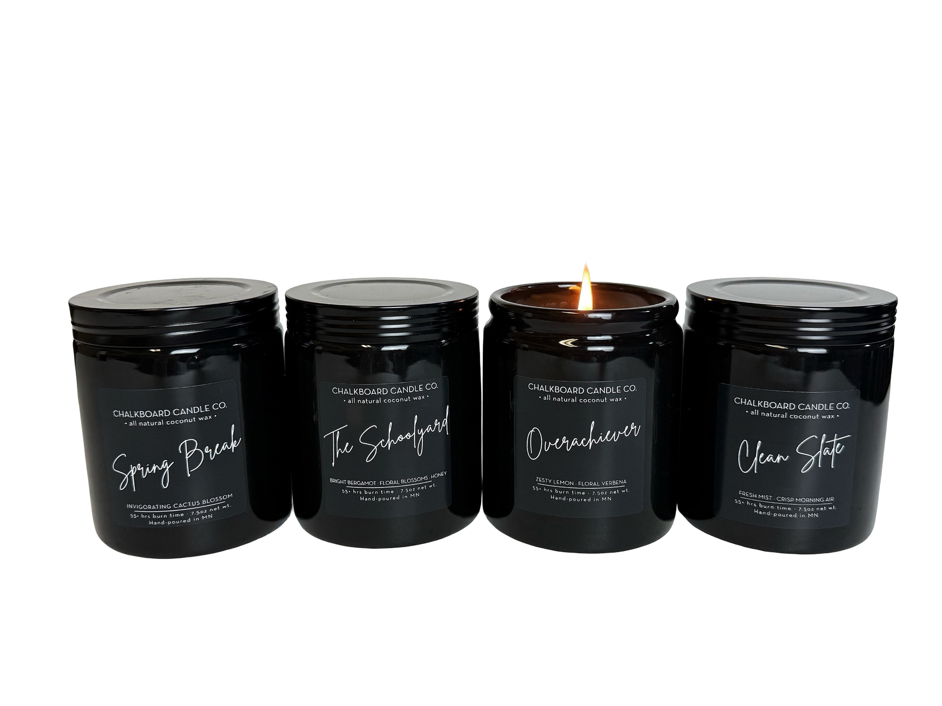 CHALKBOARD CANDLE CO. all natural coconut wax — four jars: Spring Break; The Schoolyard; Overachiever (lit); Clean Slate