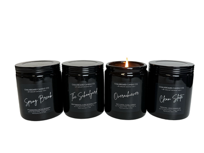 CHALKBOARD CANDLE CO. all natural coconut wax — four jars: Spring Break; The Schoolyard; Overachiever (lit); Clean Slate