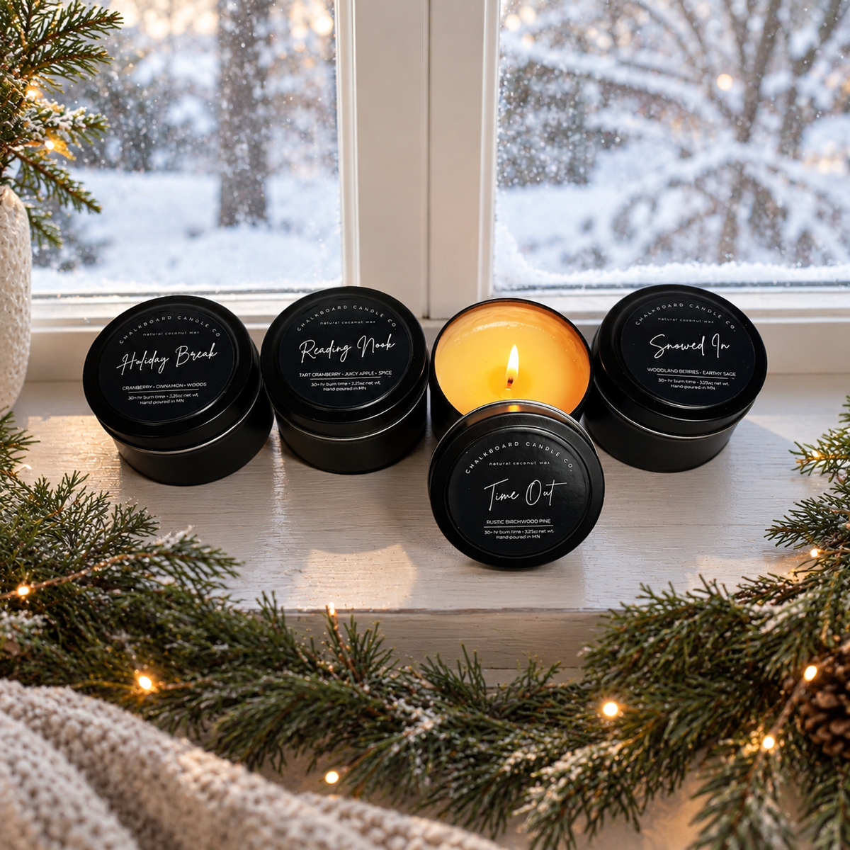 Four black scented candles in round metal tins arranged on a windowsill with a snowy outdoor view behind them. One candle is lit and glowing, while the others are labeled Holiday Break, Reading Nook, Snowed In, and Time Out.