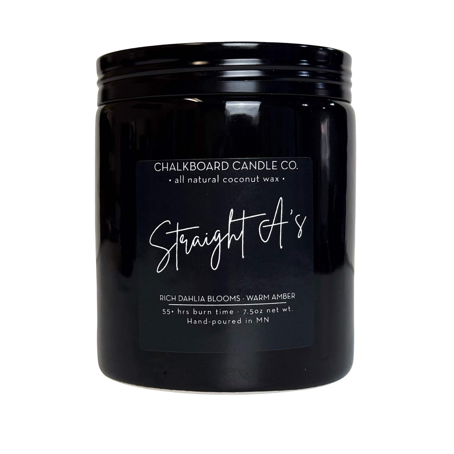 Close-up front of Straight A’s black ceramic candle jar showcasing Chalkboard Candle Co. label and glossy finish on white background