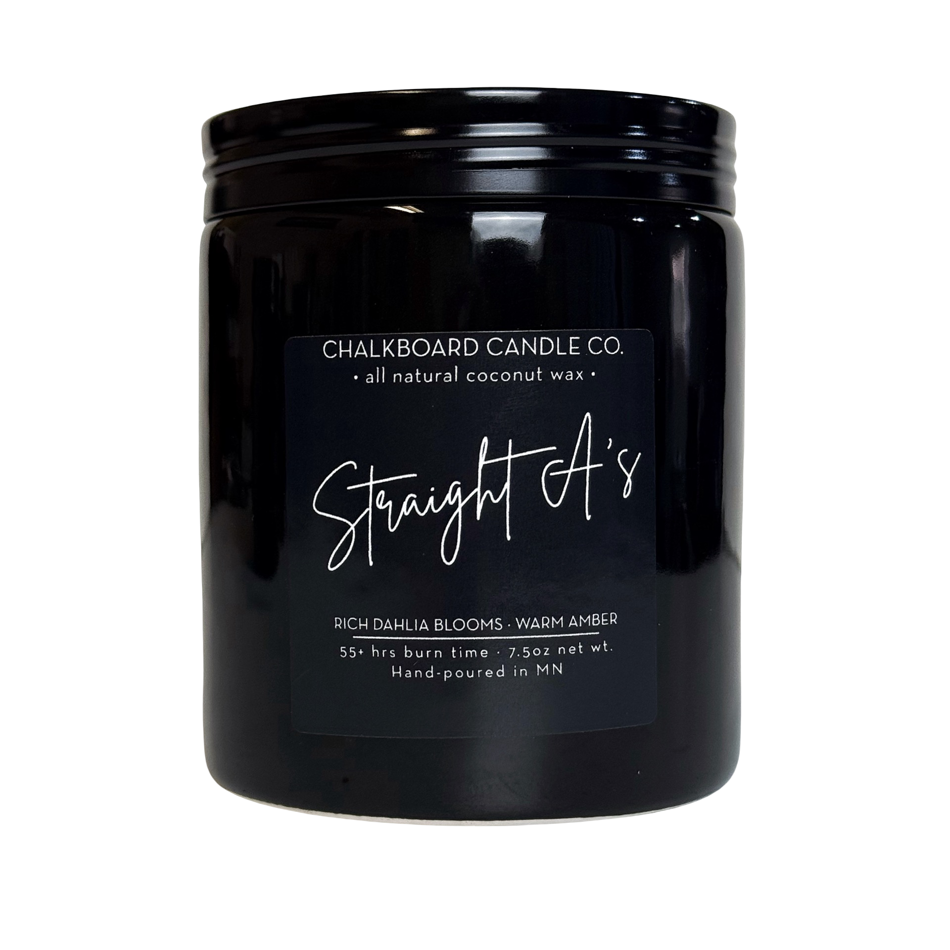Close-up front of Straight A’s black ceramic candle jar showcasing Chalkboard Candle Co. label and glossy finish on white background